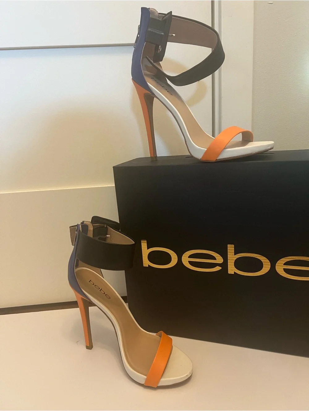 bebe Orange, Black and White Colorblock Stiletto Heels